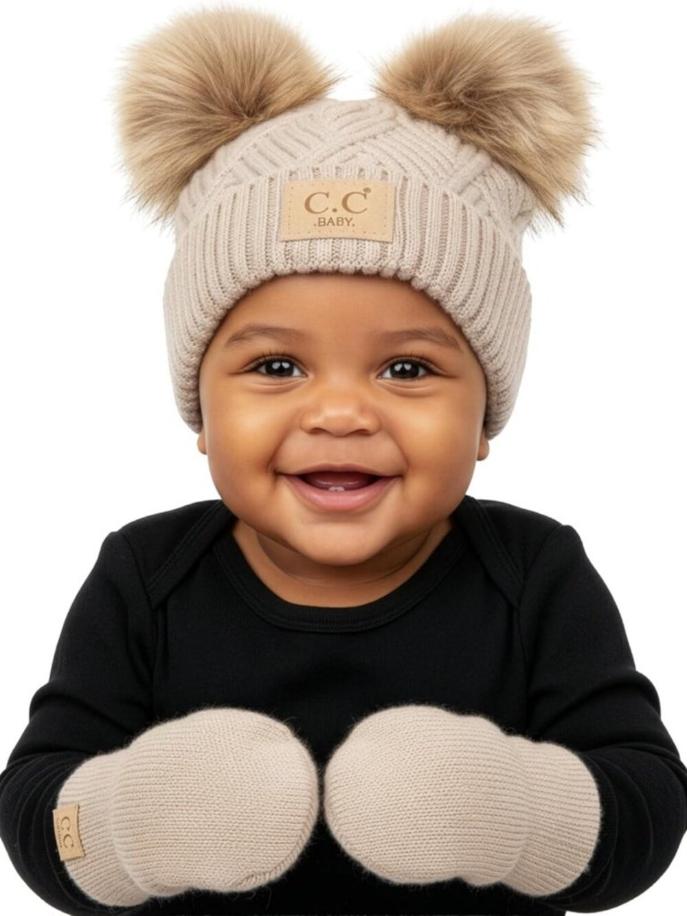 Cozy Double Faux Fur Pom Pom Beanie & Mittens Set for Newborns 0-9 Months